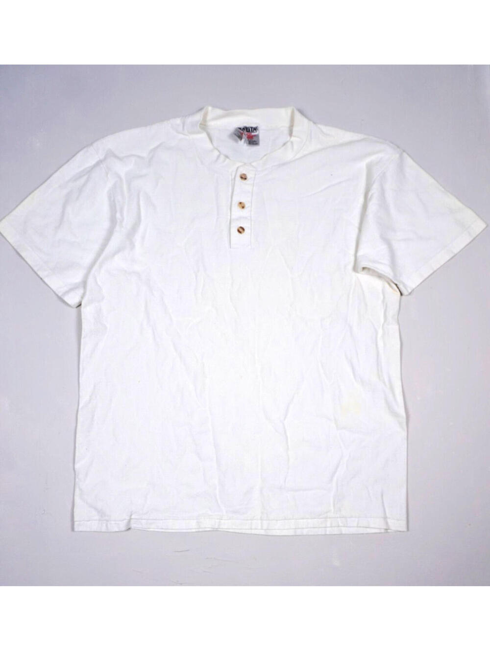 Vintage 90s Oneita White T Shirt XL Single Stitch Henley Ribbed Tee Made USA